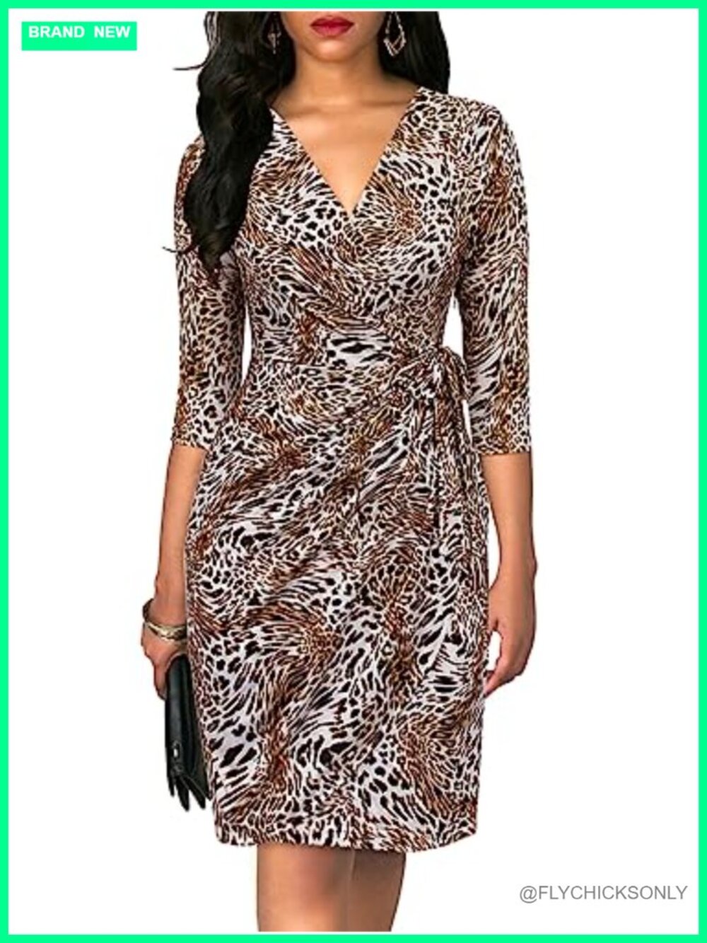 Women's 3/4 Sleeve V Neck Faux Wrap Dress Cotton Blend Bodycon